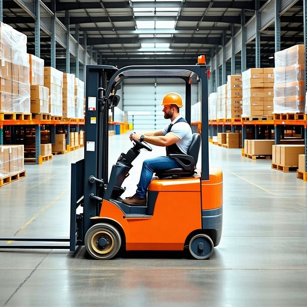 person driving a forklift in a warehouse with a pallet on the forklift-1